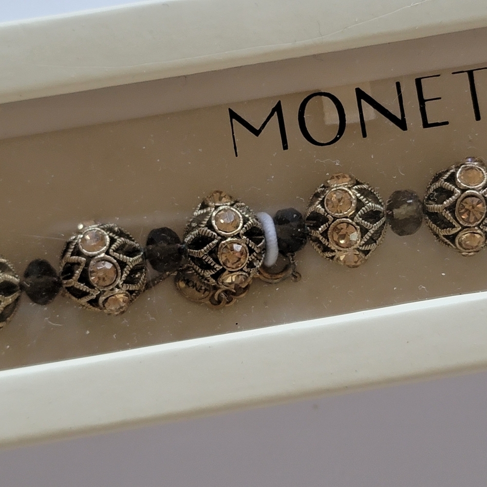 Monet Bracelet Vintage Y2K Neutral Tone Round Crystal Charm Signed New In Box - Picture 3 of 15
